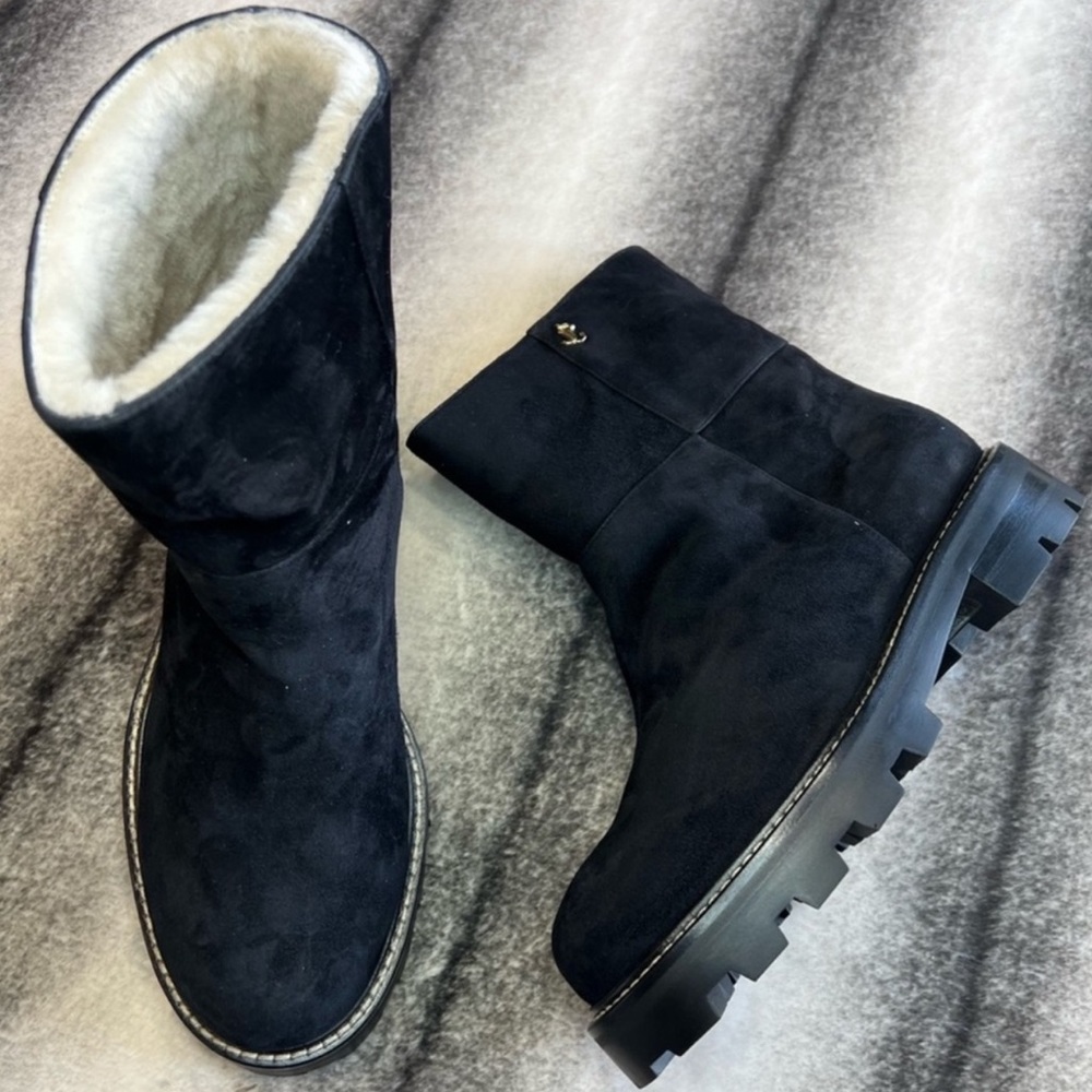 Jimmy Choo Hansel Flat Shearling Fur Lined Black Suede Boots